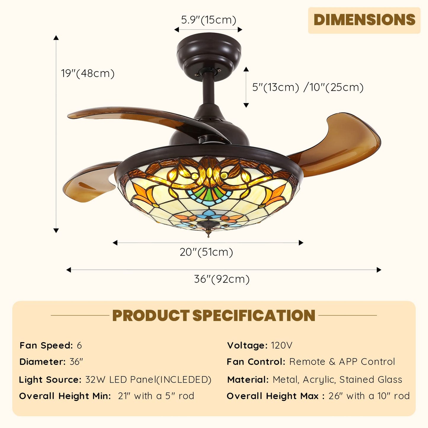 Siljoy 42 Tiffany Ceiling Fan Stained Glass Ceiling Fan Retractable Chandelier Ceiling Fans With Light Remote Control Dimmable W