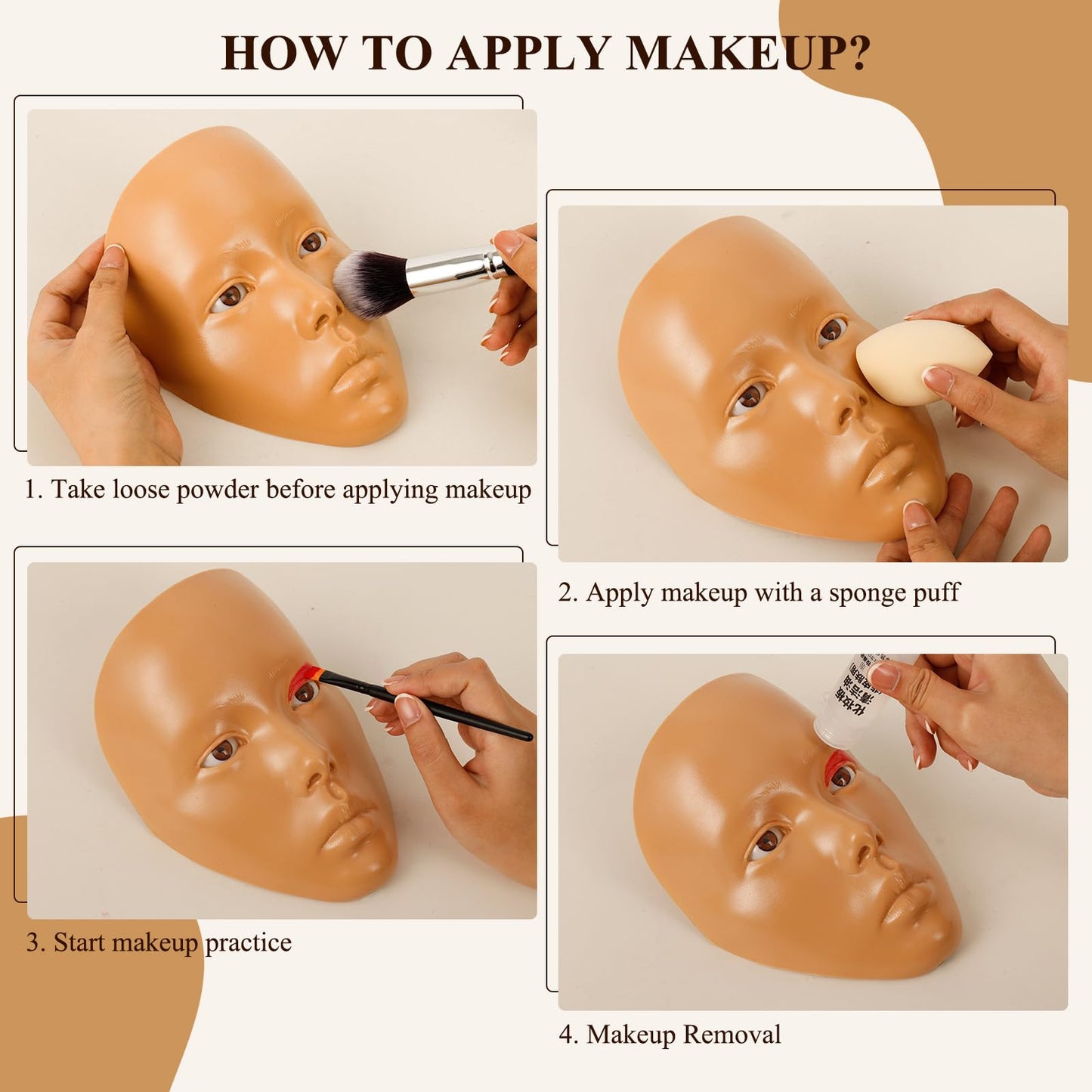 Brown Makeup Practice Board - Face Painting Set with 1 Face, 2 Makeup Brushes for Stage, Halloween & Beginners