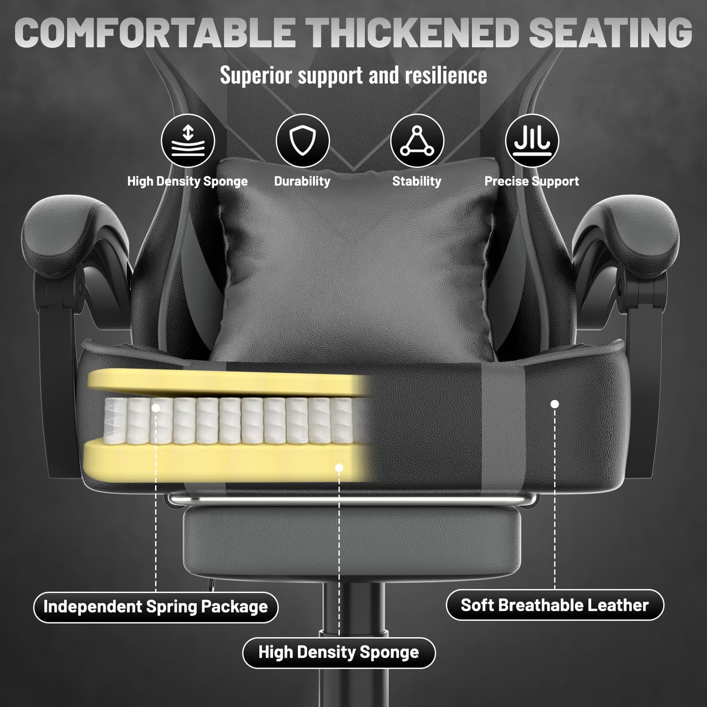 Soontrans Grey Gaming Chair with Large Mouse Pad, Ergonomic Computer Office Chair with Wider Seat Cushion, Reclining PU Leather Gamer Chair with Footrest for Adults, High Back Video Game Chair