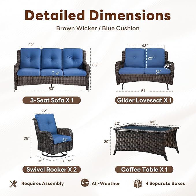 Belord 5 Piece Outdoor Patio Furniture Set - Outdoor Conversation Couch and Loveseat Glider Chair Furniture Set with Rattan Coffee Table for Deck Balcony Poolside Brown Wicker/Blue Cushions