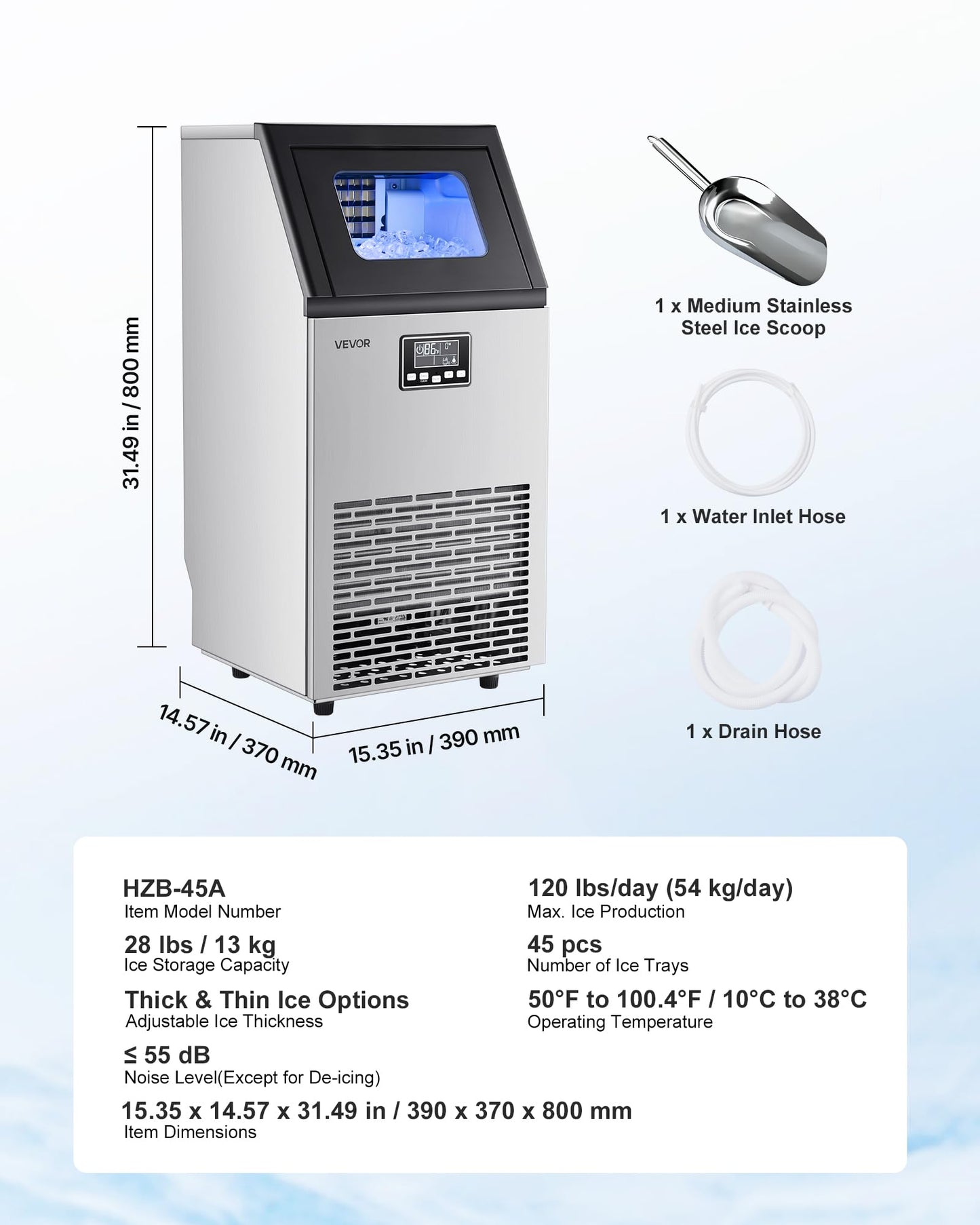 VEVOR Commercial Ice Maker Machine with 2 Water Inlets, 120 lbs/24h with 28Lbs Storage, Stainless Steel Freestanding & Under Counter Ice Maker with LED Display & Self-Cleaning, for Home Bar Restaurant