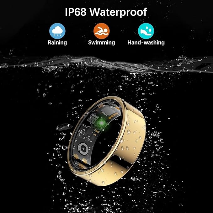 Smart Health Ring for Women Men, Fitness Tracker Ring with Heart Rate, Blood Oxygen, Sleep Tracker, Step Tracker, No Subscription Fee, IP68 Waterproof Smart Ring for iPhone & Android (Gold, 14#)