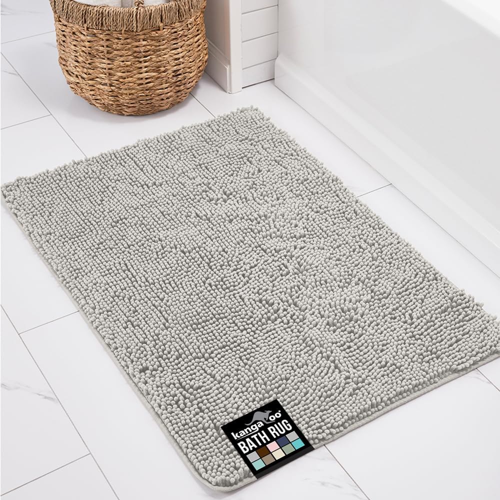 KANGAROO Bathroom Rugs, Chenille Soft Absorbent Bath Rug, Shaggy Shower Mat, Quick Dry Machine Wash Bathmat, Plush Carpet Mats for Tub, Bathtub and Room Home Decor Accessories, 36x24, Light Gray