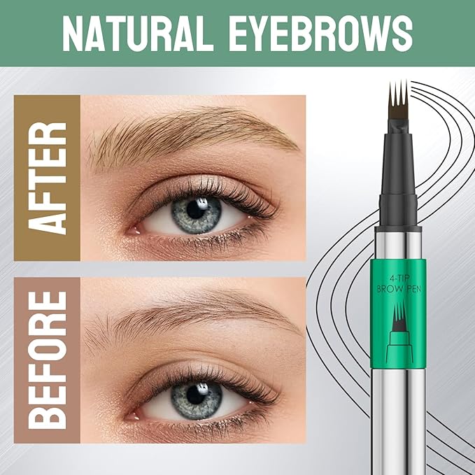 Microblading Eyebrow Pen - Waterproof Eye Brow Pen with 4-Fork-Tip Liquid Brow Pens for Natural Looking Defined Eyebrows (Dark Brown)