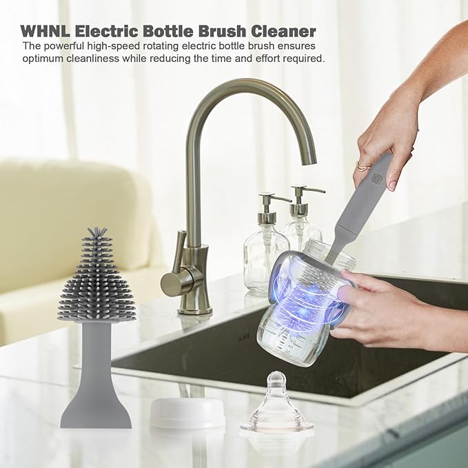 Electric Bottle Brush, 4 Piece Bottle Brush Set with Baby Bottle Brush Cleaner, Nipple Brush, Pacifier Cleaner, Straw Cleaner Brush, Gifts for Newborns and Mothers, Grey