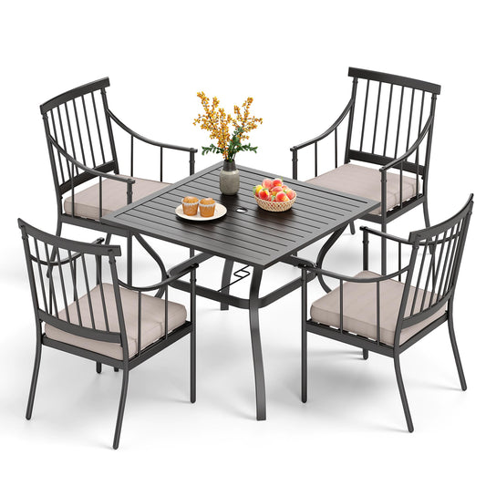 PHI VILLA 5 Piece Outdoor Dining Set with Cushion, 37” Square Metal Dining Table with Umbrella Hole & 4 Cushioned Steel Chairs for Patio, Deck, Yard