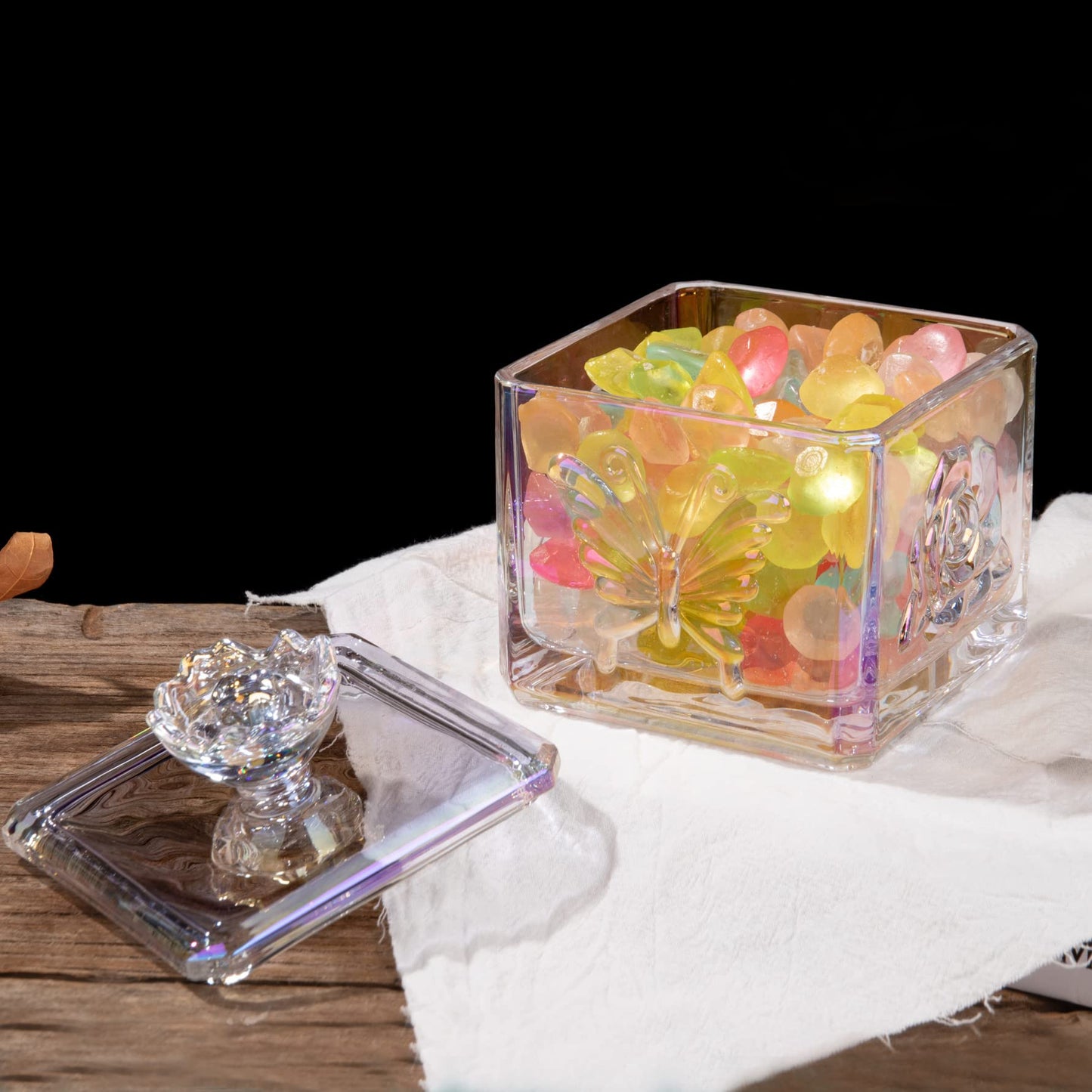 LWXPAIYY Iridescent Glass Candy Dish with Lid,Small Cute Irised Clear Embossed Glass Candy Jar with Lid,Candy Dishes Bowl with Lids,Crystal Decorative Candy Dish Jar for Office Desk(Iridescent)