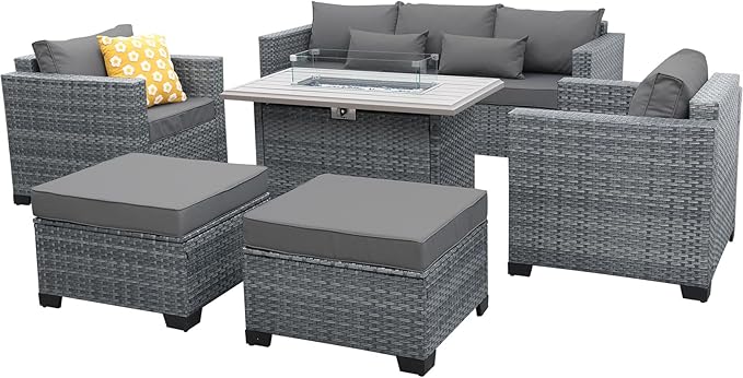 Lviden 6 Pieces Wicker Patio Furniture Sets Outdoor Conversation Set HDPE Rattan Sectional Sofa Couch with 45" Fire Pit Table and Grey Cushions
