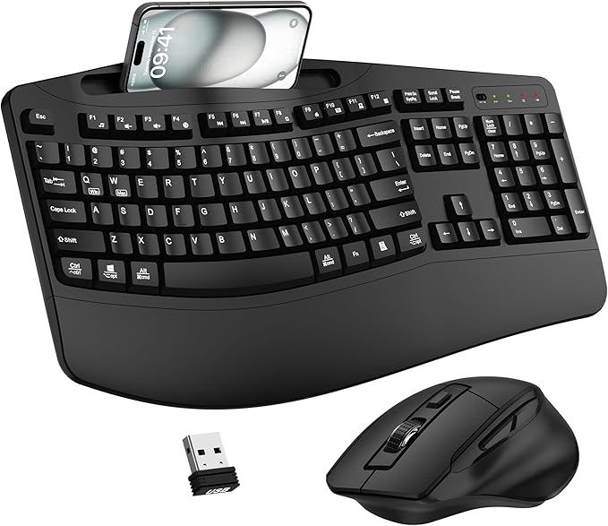 Wireless Keyboard and Mouse Combo, 2.4G Full Size Wave Keys Ergonomic Keyboard with Wrist Rest, Phone Holder, 3-Level DPI ...