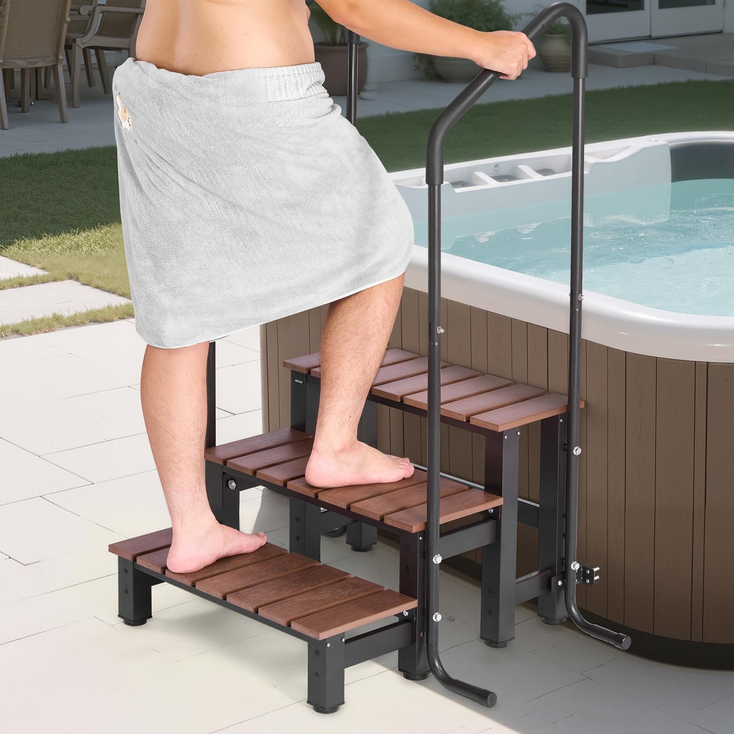 VEVOR Hot Tub Steps with Handrail, 3-Step Spa Outdoor Stairs, Heavy Duty 25.2 inch Wide Above-Ground/Inflatable Pool Step with 550 lbs Weight Capacity, Multi-Use for Porch, Patio, Deck, Trailers