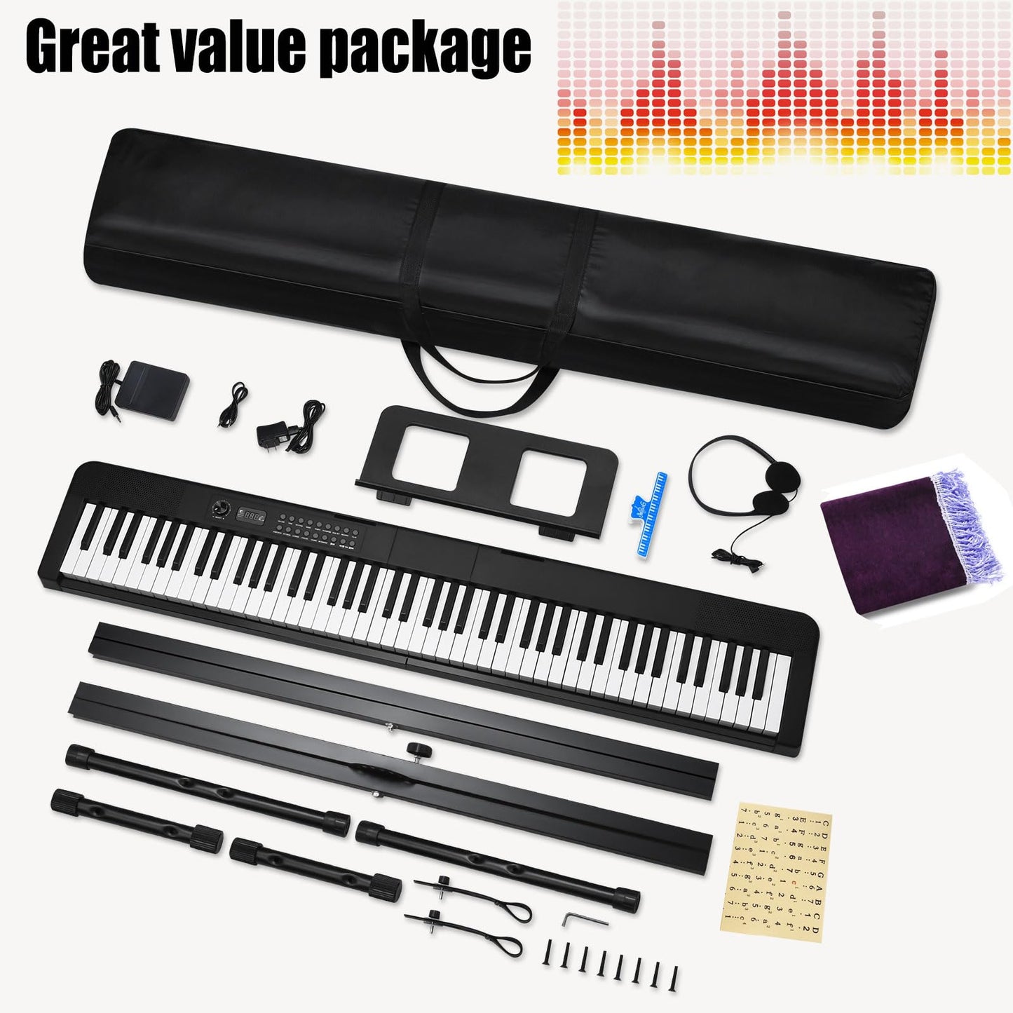 88 Key Piano Keyboard, Electric Digital Piano with Semi Weighted Keys, Keyboard Piano with Sustain Pedal, Power Adapter, Stand, Carrying Case, Headphones, USB-MIDI Compatibility, for Beginner Adults
