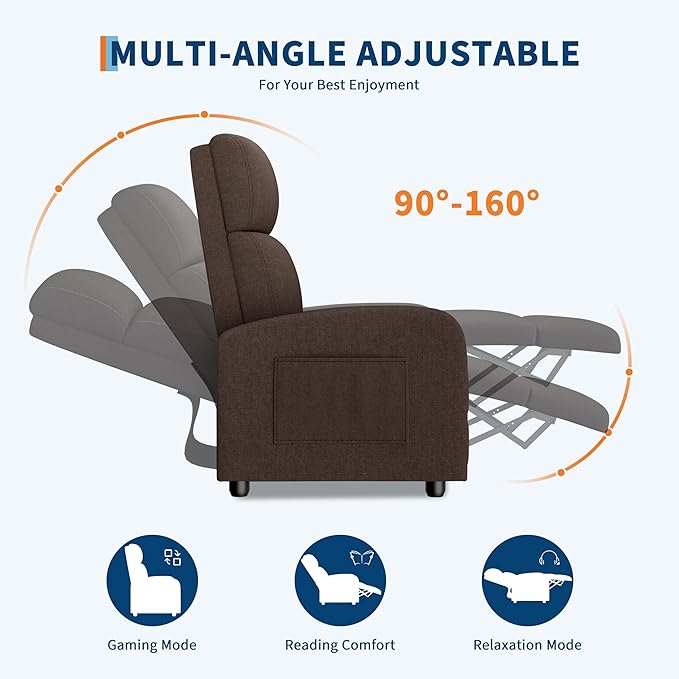 GarveeHome Linen Fabric Manual Recliner Chair, with Side Pocket, High Backrest, Thick Cushion, Adjustable Push Back Recliner, Lazy Lounge Chair for Living Room, Home Theater, Bedroom, Brown
