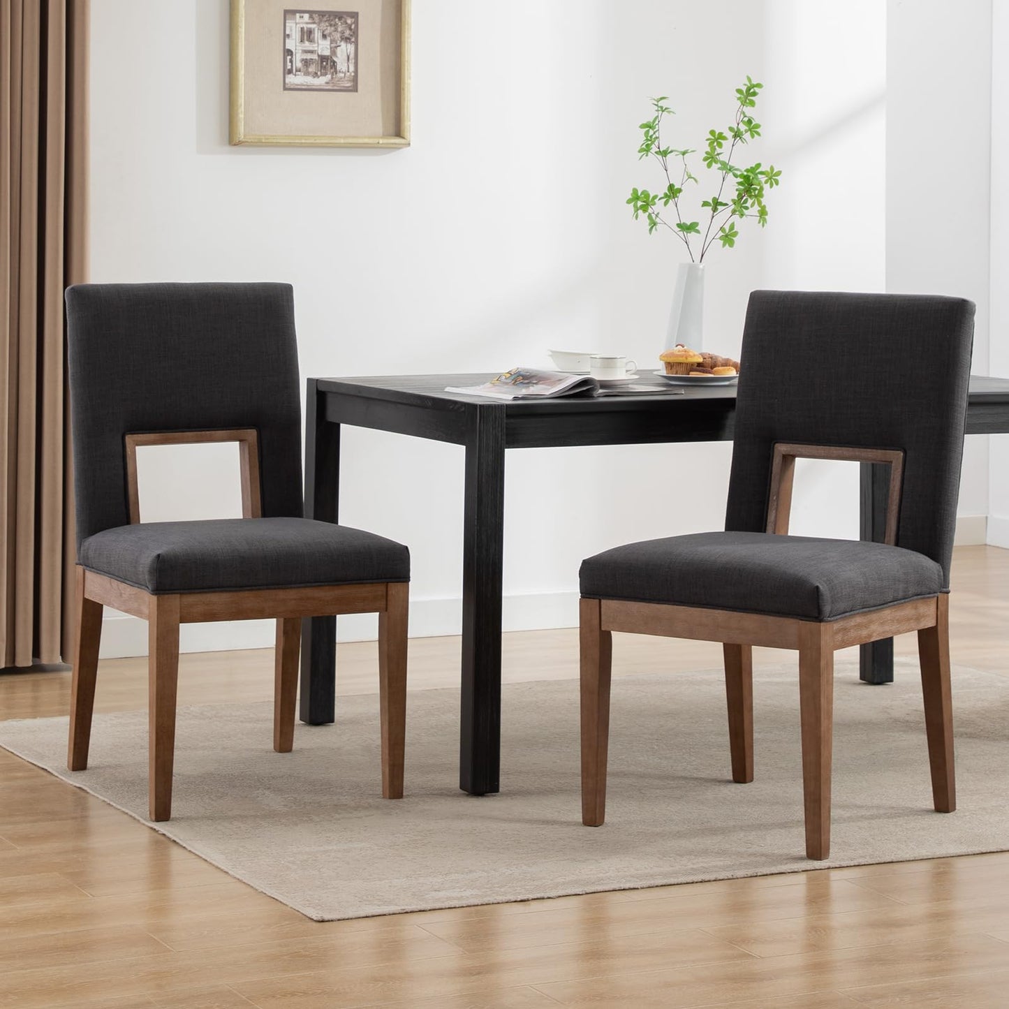 Janoray Farmhouse Dining Chairs Set of 2, Linen Upholstered Solid Wood Chair with Highback, Comfy Accent Side Chair for Kitchen & Dining Room/Living Room/Restaurant,Dark Grey