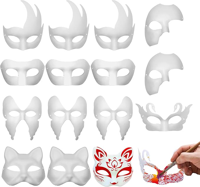 16PCS DIY White Masquerade Mask Paintable Paper Mache Mask White Half Face Masks for Mardi Gras Cosplay Masquerade Dance P...