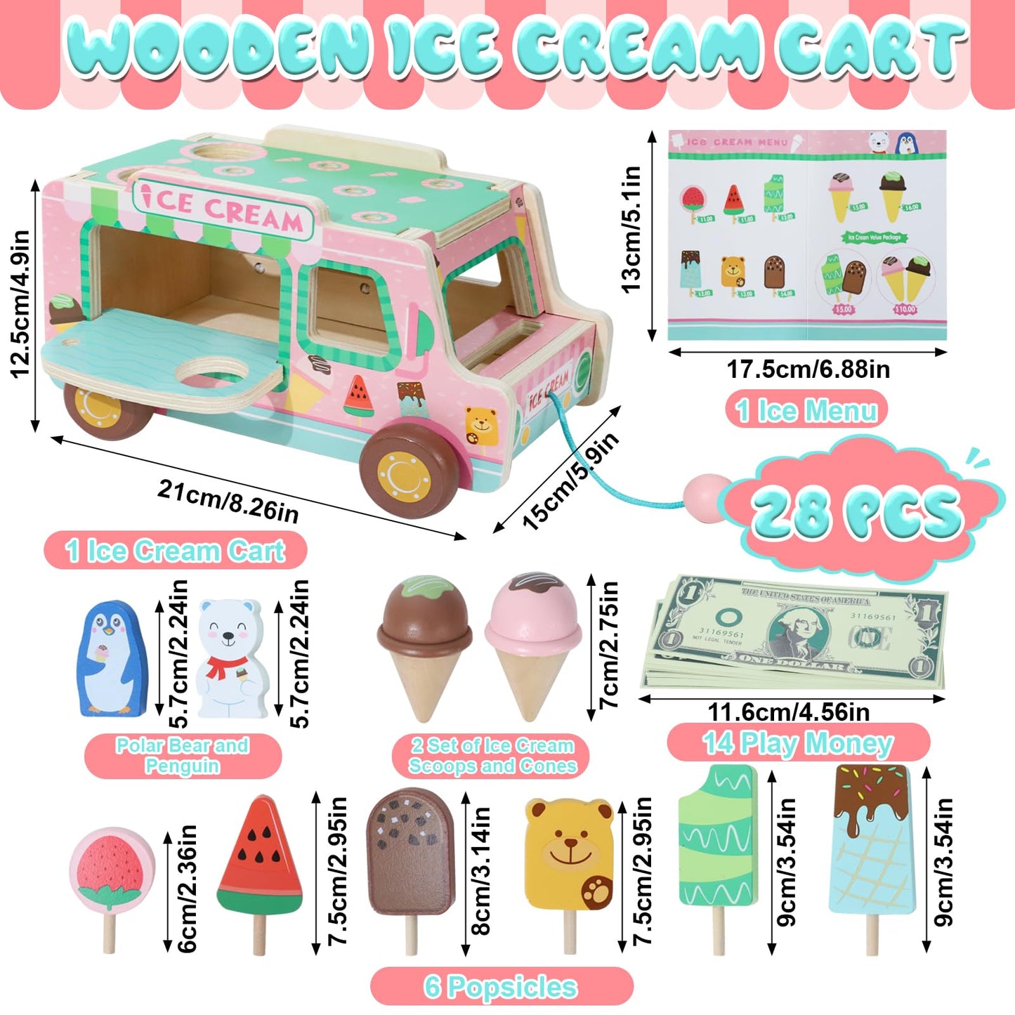 XIAPIA Ice Cream Toys for Girls, Wooden Ice Cream Cart, Pretend Play Toys for 1 2 3 Year Old, Play Food Truck Store for Toddlers 1-3, Boys Ice Lolly Shop Playset, Birthday Gifts for Baby 12-18 Month