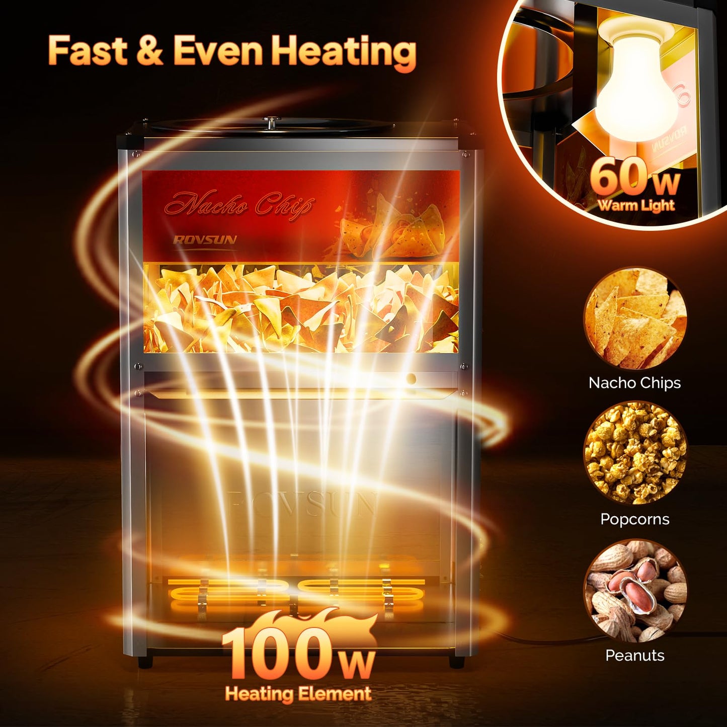 ROVSUN Nacho Machine Food Warmer, Nacho Chip Warmer Countertop Display Case with Warming Light, Removable Deflection, Glass Door, Scoop for Nacho Chips Peanuts Popcorn Stainless Steel