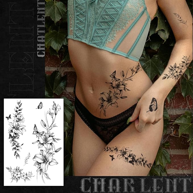 CHARLNET Realistic Flower Temporary Tattoos for Women - 9 Large Sheets Flower Rose Tattoos For Women Body Art Arm Chest Legs Shoulder