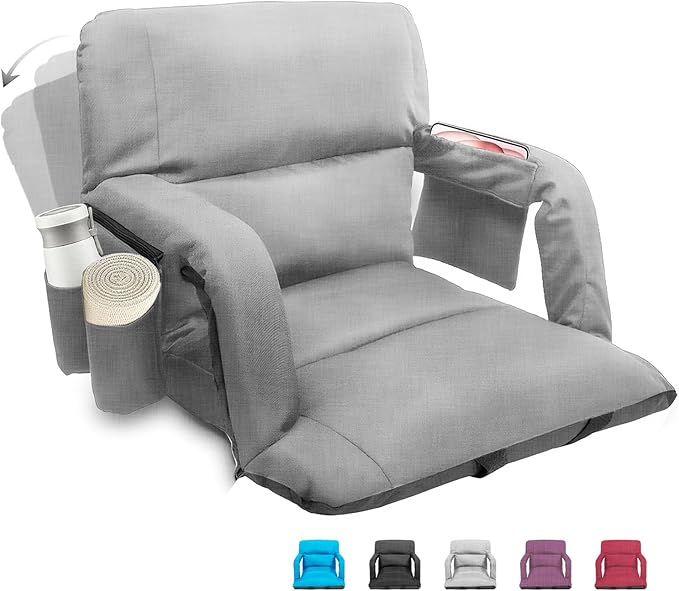 Stadium Seats with Back Support,Wide Stadium Chairs with Back and Cushion, Sofa Style Stadium Seats, 6 Reclining Positions, Extra Thick Bleacher Seat for Sports Events(Grey-1 Pack, Wide|25")