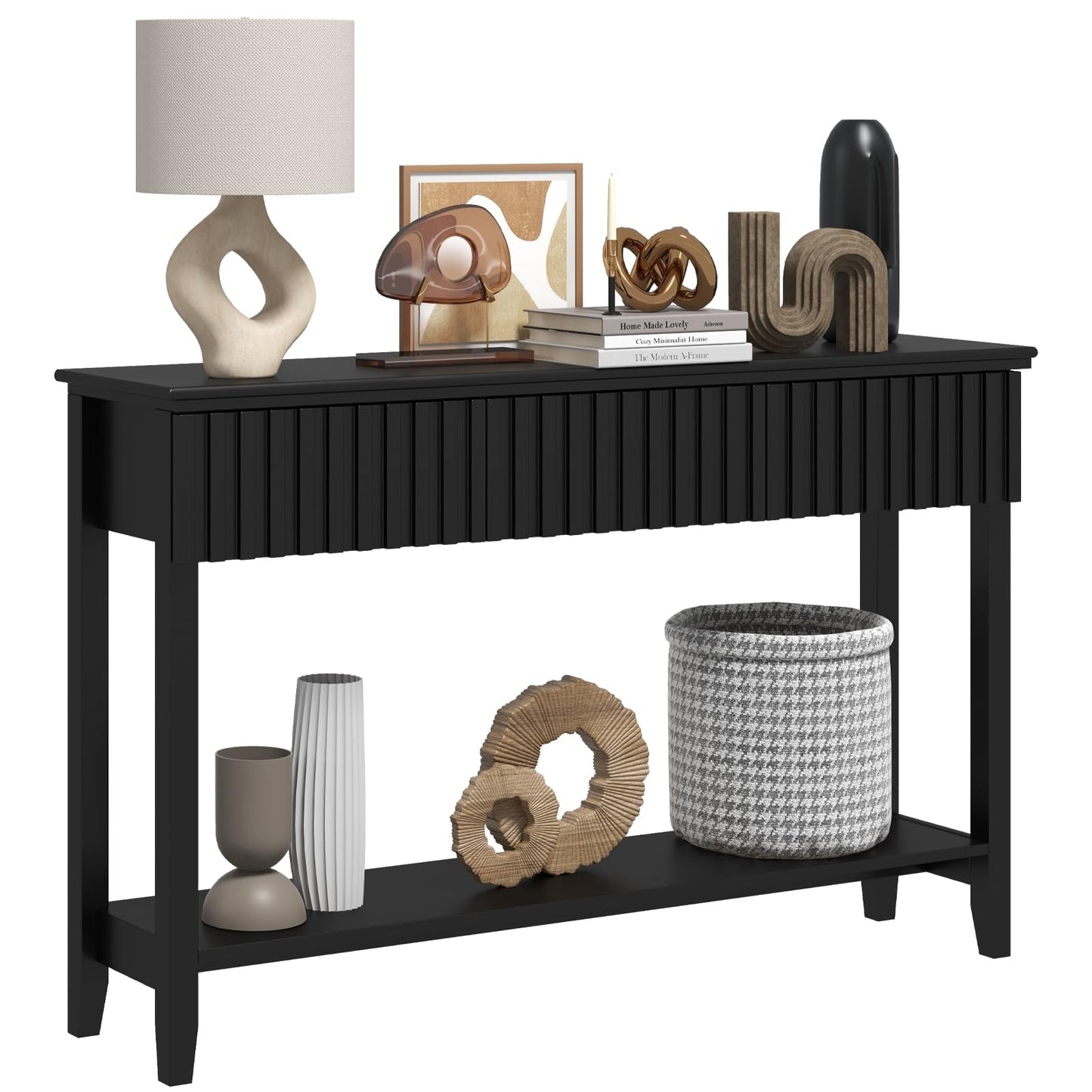 LAZZO Painted Wood Console Table Narrow Long Sofa Table Modern Behind Couch Table Fluted Entryway Table with 3 Drawers and Open Storage Shelf for Living Room, Foyer and Hallway Black (Black, 1 Tier)