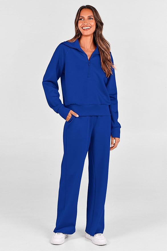 PRETTYGARDEN Women's 2 Piece Outfits Casual Lapel Half Zip Sweatshirts and Wide Leg Pants Tracksuit Sets