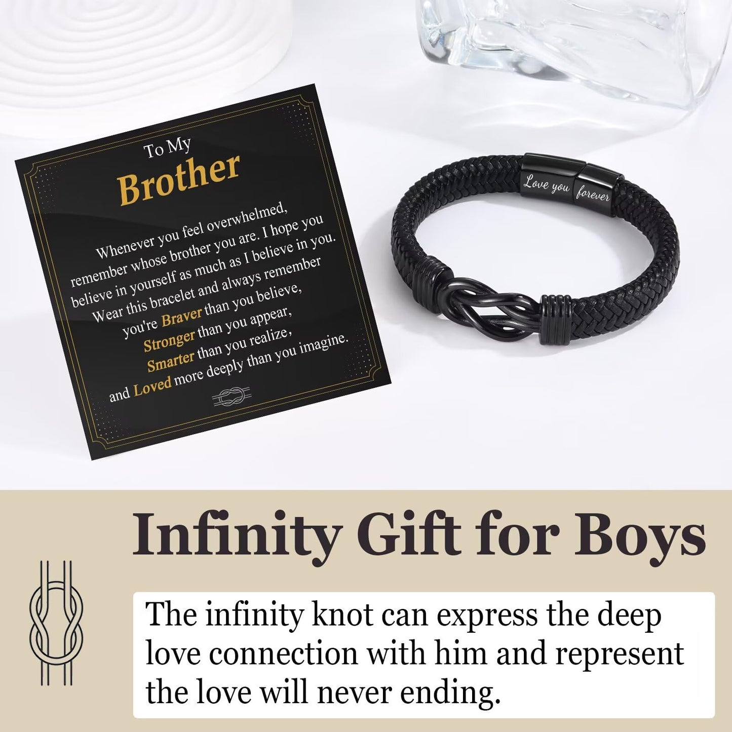 OAVOOK Gifts for Brother from Sister Infinity Leather Knot Bracelets for Teen Boys Braided Cuff Jewelry for Birthday, Christmas, Back to School