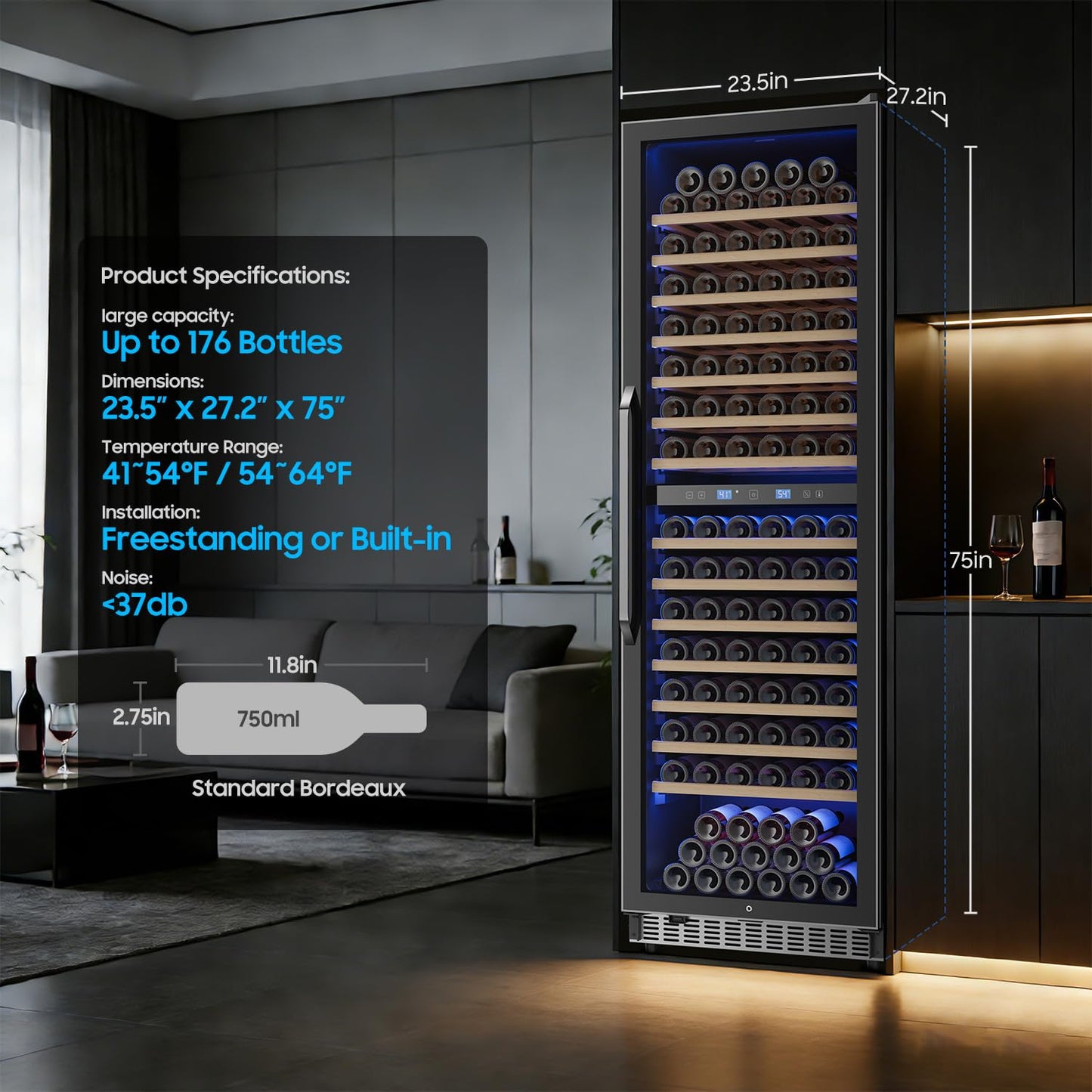 176 Bottle Dual Zone Wine Fridge 24 Inch Large Capacity, Built-in & Freestanding Wine Cooler Refrigerator, Upgraded Compressor Temperature Memory, Quiet Sliding Rail Shelves Professional Wine Cellar