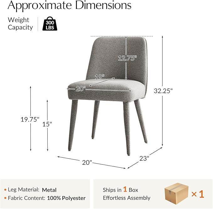 HULALA HOME Modern Dining Chairs Set of 2，Gray Fully Chenille Upholstered Dining Room Chairs Set with Foot Peg, Solid Wood Frame, Armless Kitchen Accent Chairs for Living Room Bedroom Reception