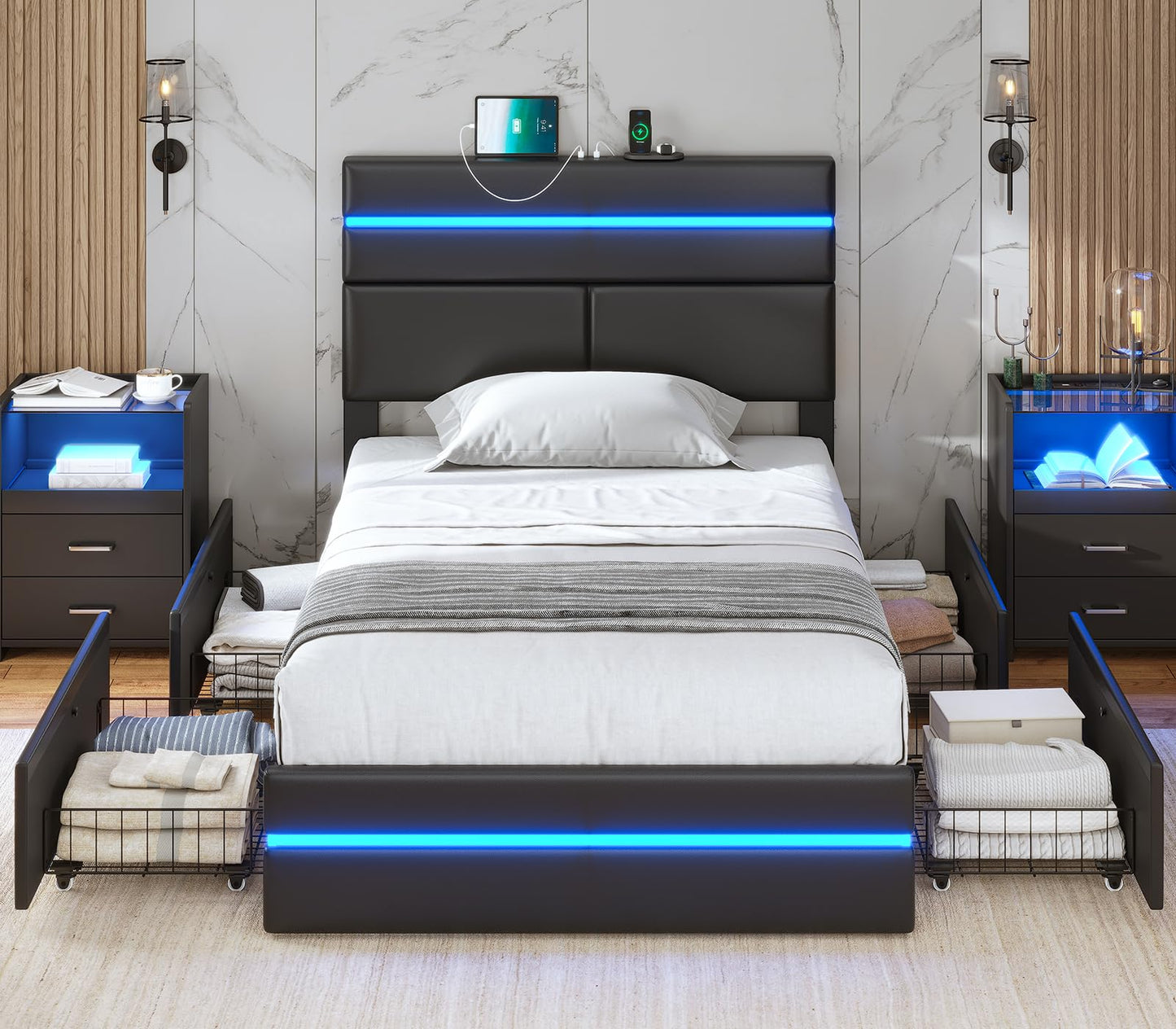 AOGLLATI Twin Bed Frames with 4 Storage Drawers & Headboard, Led Bed Frame Twin with Charging Station, Upholstered Twin Bed with Storage, No Box Spring Needed, Black