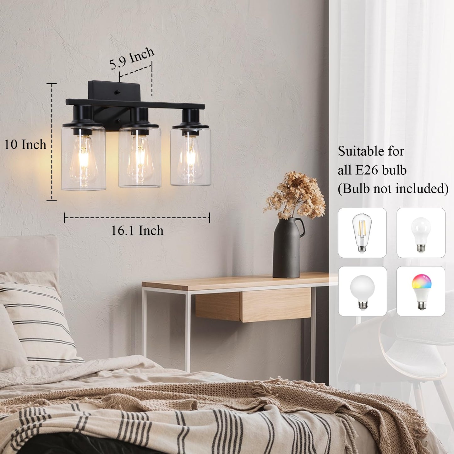 Litaddscen Matte Black Bathroom Light Fixtures Over Mirror,3-Light Bathroom Vanity Light with Clear Glass Shade,Modern Farmhouse Wall Sconces Lighting for Mirror Kitchen Living Room Cabinet