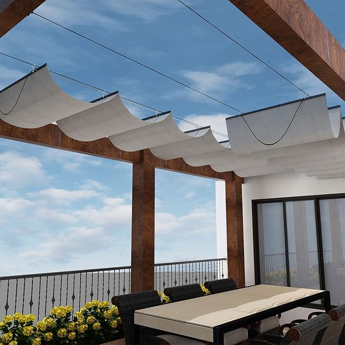 Windscreen4less 4' x 12' Retractable Sun Shade Canopy Cover Sliding Wave Shade Sail for Pergola Patio Deck Yard Gazebo Out...