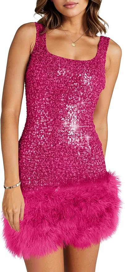 Wenrine Womens Sparkly Sequin Dress Bodycon Square Neck Fur Club Party Mini Dresses