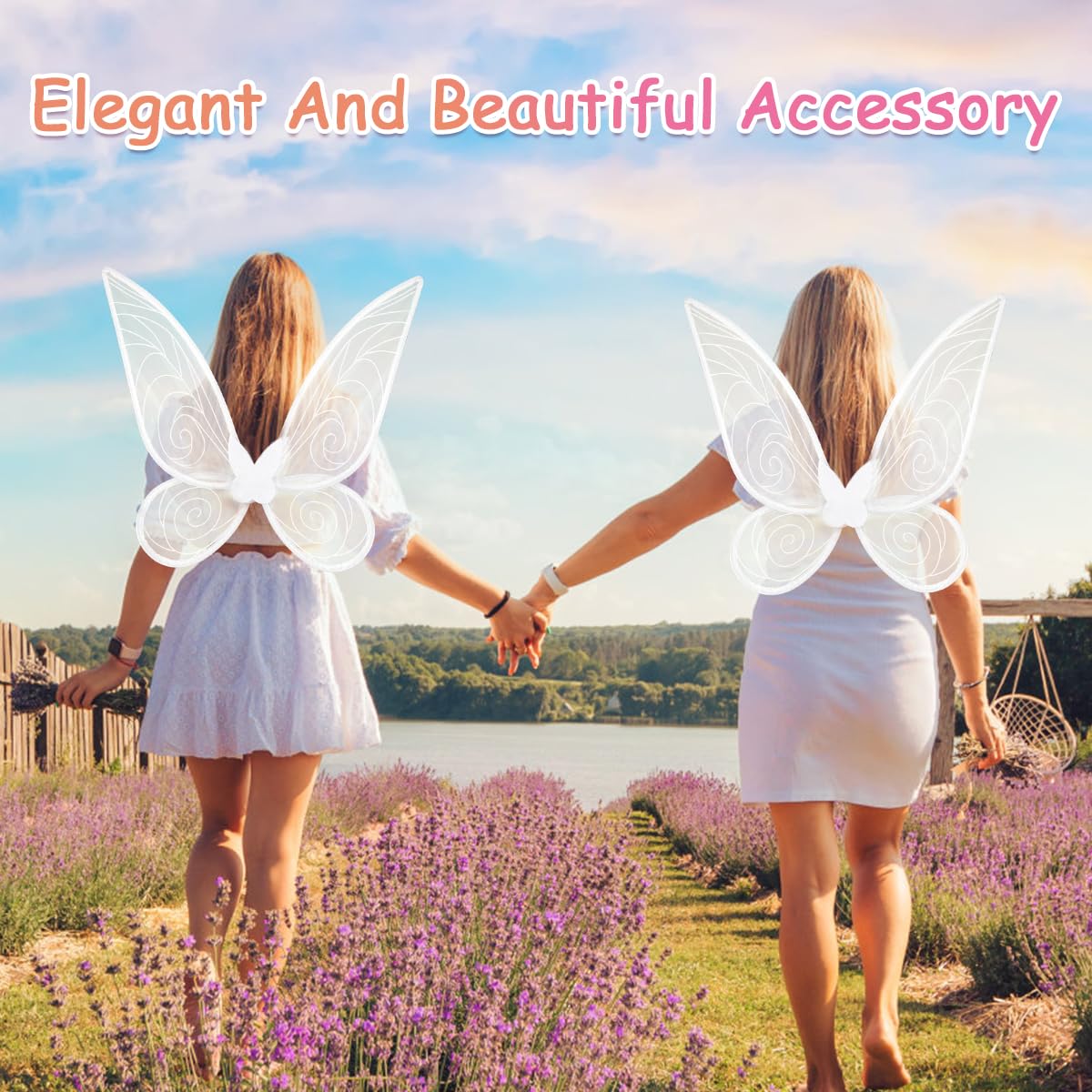 quescu 2Pcs Fairy Wings for Adults,Butterfly Wings for Girls Women,Halloween Costume Sparkle Angel Wings Dress Up Party Favor (White+White)