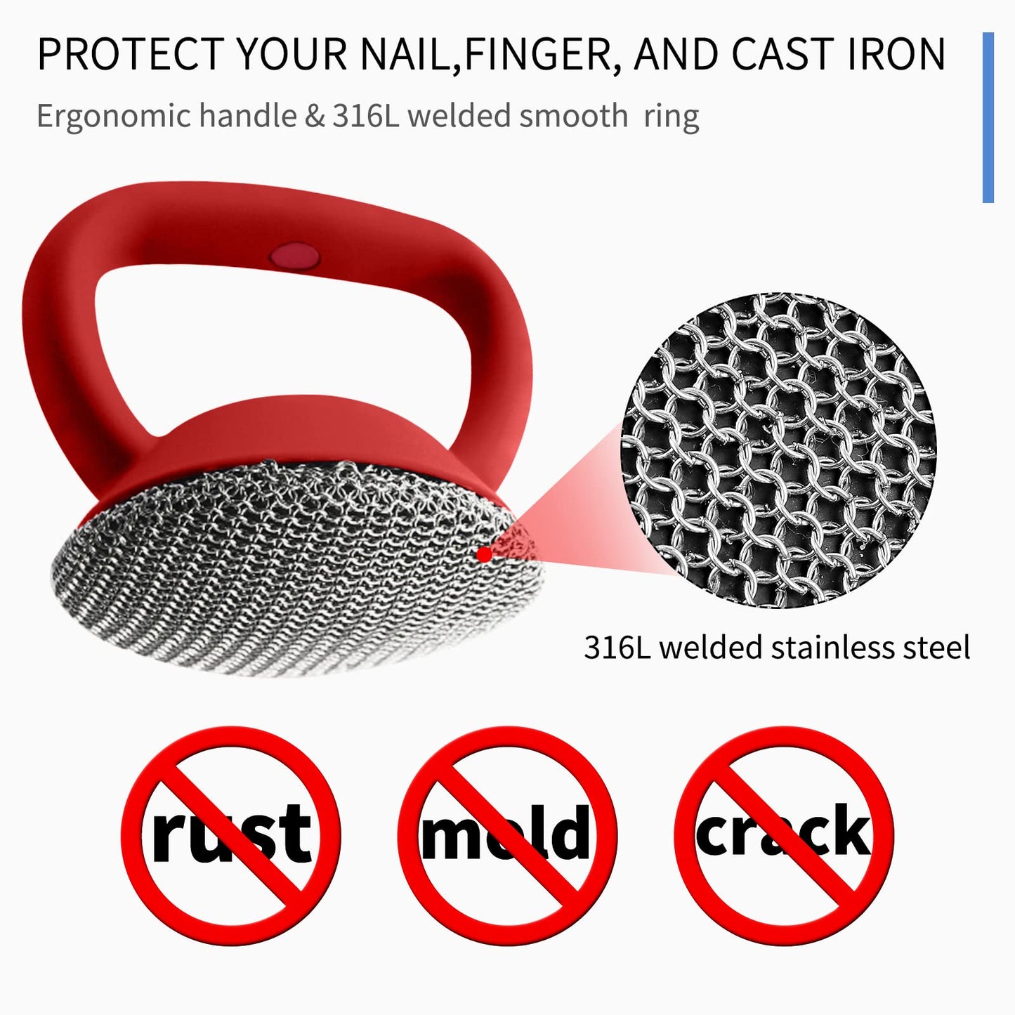 Cast Iron Cleaner Scrubber with Heavy Duty Handle, 3mm Welded Chain Mail Scrubber for Pan Pot Grill- Small Ring Chainmail Grill Scrubber Metal Scrub Sponge Skillet, Oven, Griddle, Wok Cleaning Brush