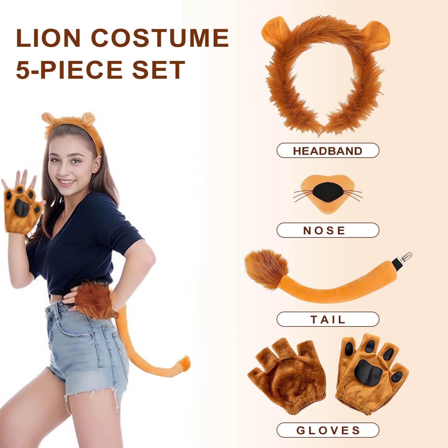 HATINXIA 5Pcs Lion Costume Set for Adult Men Women - Lion Ears Headband with Mane, Furry Tail, Paw Gloves and Nose for Halloween Dress Up Cosplay Accessories Party Supplies