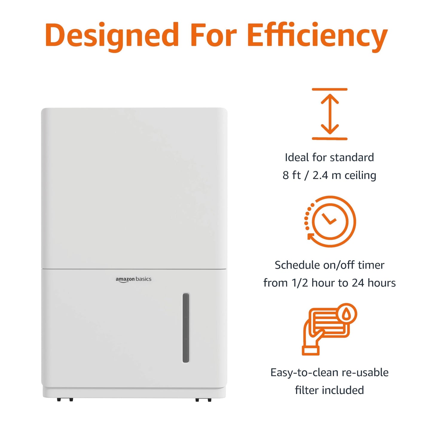 Amazon Basics 35-Pint Large Dehumidifier for Home, Humidity Control, Auto-Defrost, Timer, Overflow Protection, for Rooms up to 2500 SFT, White