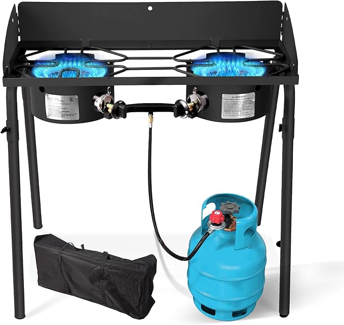 Red Mountain Valley Two Burner Outdoor Portable Camping Gas Stove with Removable Legs, Carrying Bag and Windshield, Campin...