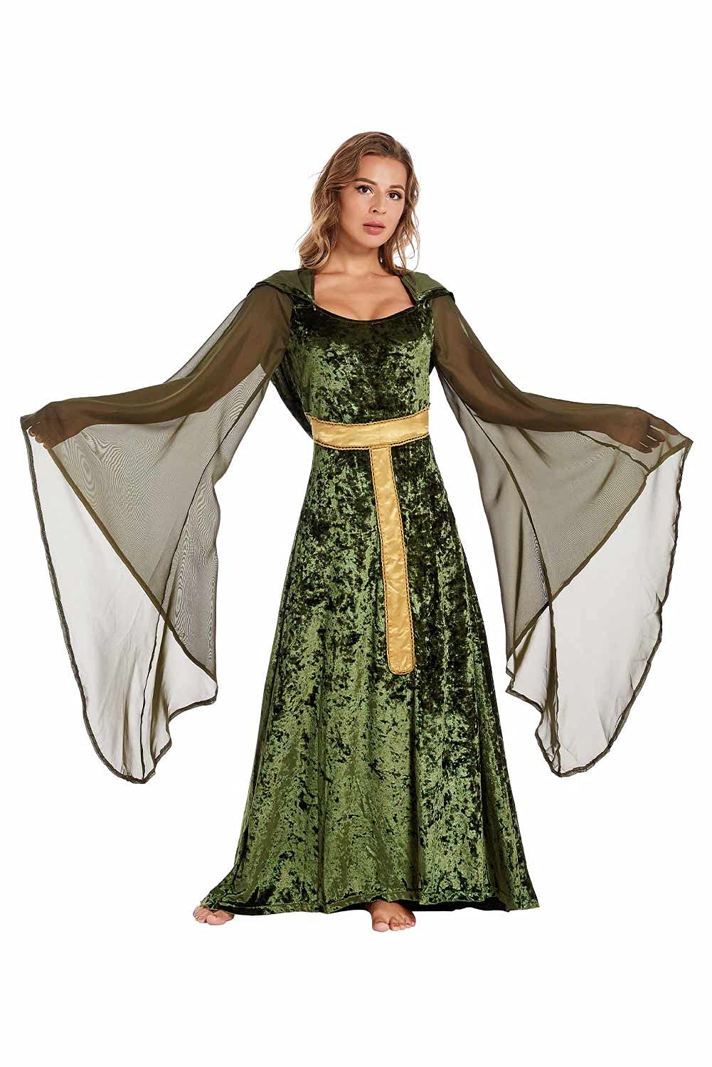 Sinastar Womens Medieval Dress Costume Hooded Lace Up Renaissance Velvet (100% Polyester) Trumpet Sleeve Gothic Green Gown
