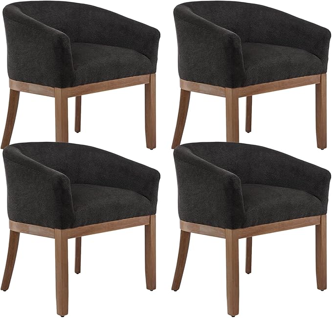 Shenyon Mid Century Modern Dining Chairs Set of 4, Upholstered Linen Fabric Dining Room Chairs with Arms and Solid Wood Legs, Comfy Barrel Accent Chairs for Dining Room, Living Room, or Cafe,Black