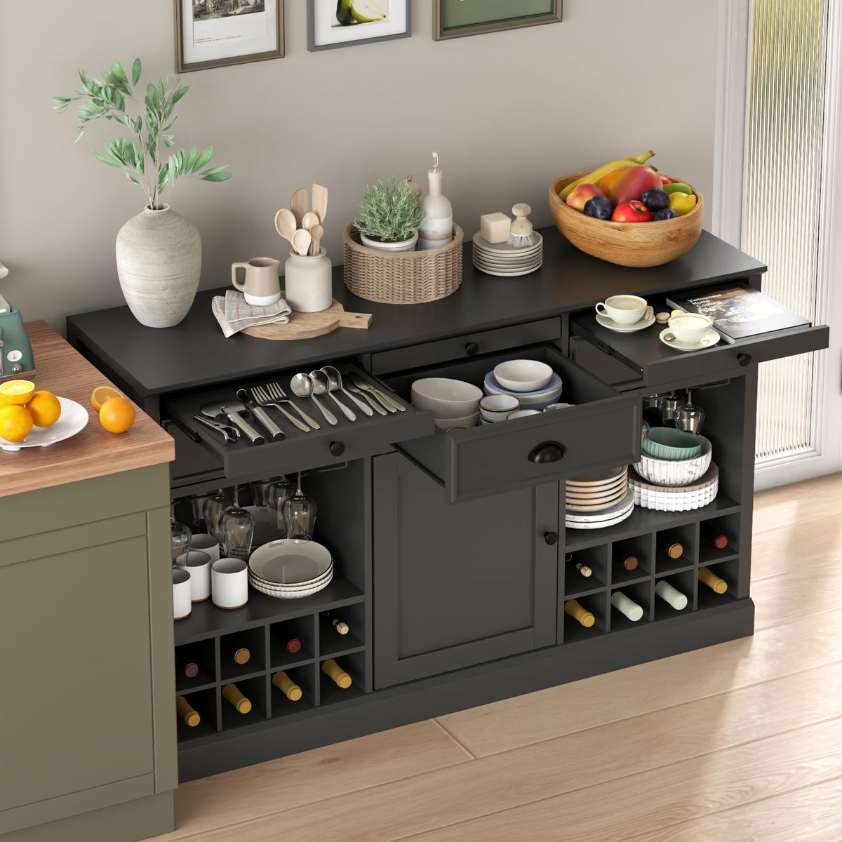Loomie Wine Bar Cabinet with Pull-Out Trays & Drawers, Liquor Cabinet with Wine Rack & Stemware Holder, Coffee Bar Cabinet with Door & Adjustable Shelf, Kitchen Buffet Cabinet for Home Pub (Black)
