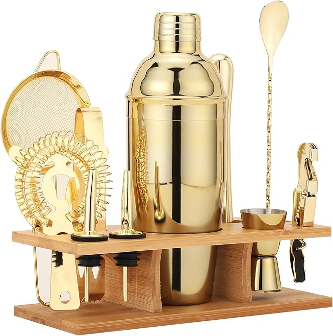 JNWINOG Shakers Bartending, 11Pcs-Cocktail Shaker Set Gold Drink Mixer with 25oz Martini Shaker,Muddler,Bar Spoon and More...