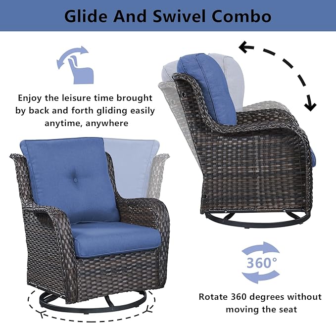 Belord Wicker Outdoor Furniture Patio Furniture Set - 6 Piece Patio Conversation Set with Swivel Rocker Chairs, Loveseat Sofa, Ottomans and Coffee Table, Blue Cushion