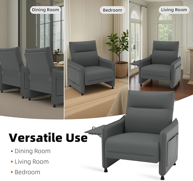 Tbillionnext Upholstered Accent Sofa, Modern Faux Leather Sofa Chair with Hidden Foldable Tray & Side Pocket, Rear Contour Arm Design, Small Accent Sofa for Bedroom, Gray