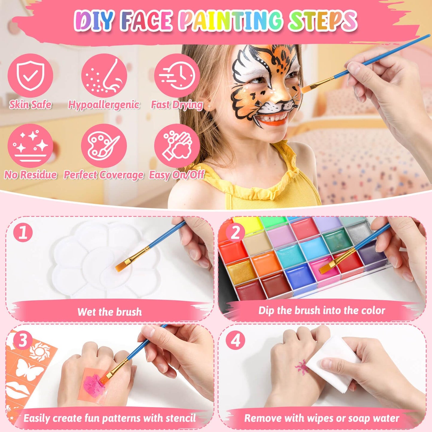 Professional Face Painting Kit, 26 Colors Oil Palette Face Paint with 6 Stencils, 41 Stencil Stickers, 10 Brushes, 9 Body Glitter, 2 Sheets Adhesive Gems, Rainbow Facepaint for Kids Party & Halloween