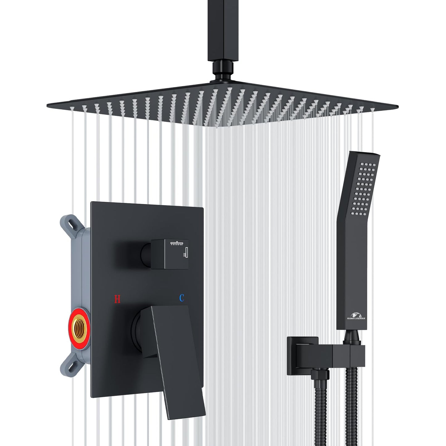 SunCleanse Rainfall Shower System Matte Black Ceiling Mounted Shower System Combo Set with High Pressure 12 Inches Square Rain Shower Head Handheld and Shower Faucet Rough-in Mixer Valve and Trim