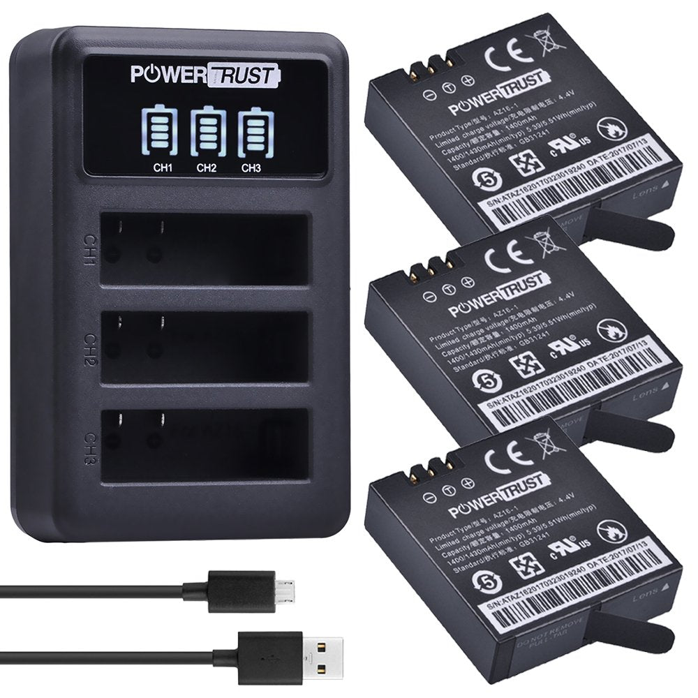 Powertrust 3-Pack Az16-1 Replacement Battery And Led 3-Channel Usb Charger For Xiaomi Yi 2 4K Yi Lite Action Camera -Like New