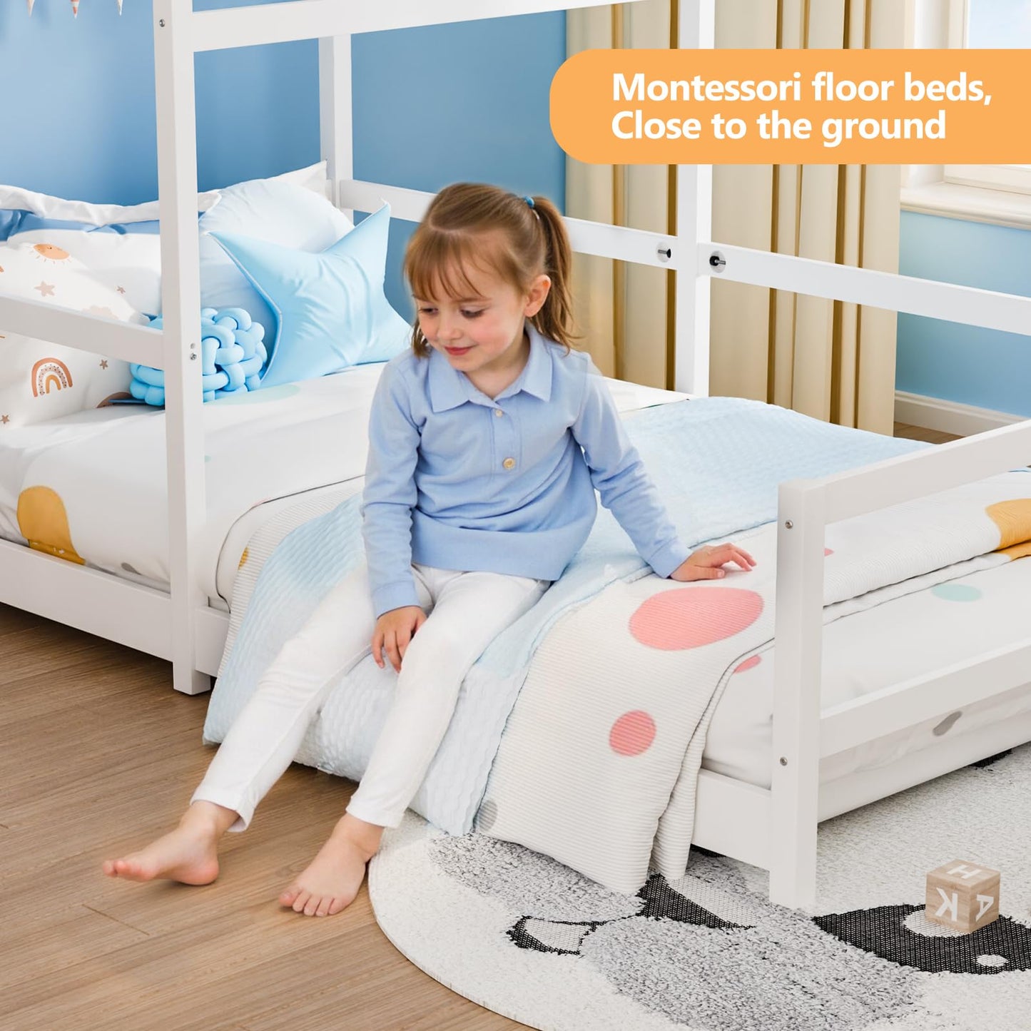 VALUE BOX Twin House Floor Bed Frame with Roof, Wooden Montessori Bed with Safety Fence, Kids Bedroom (White)