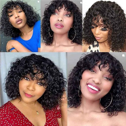 Short Jerry Curly Virgin Human Hair Wigs with Bang Full Machine Made 150% Density None Lace Front Wig 100% Unprocessed Natural Color Brazilian Hair Glueless Wig (12inch, Natural Black)