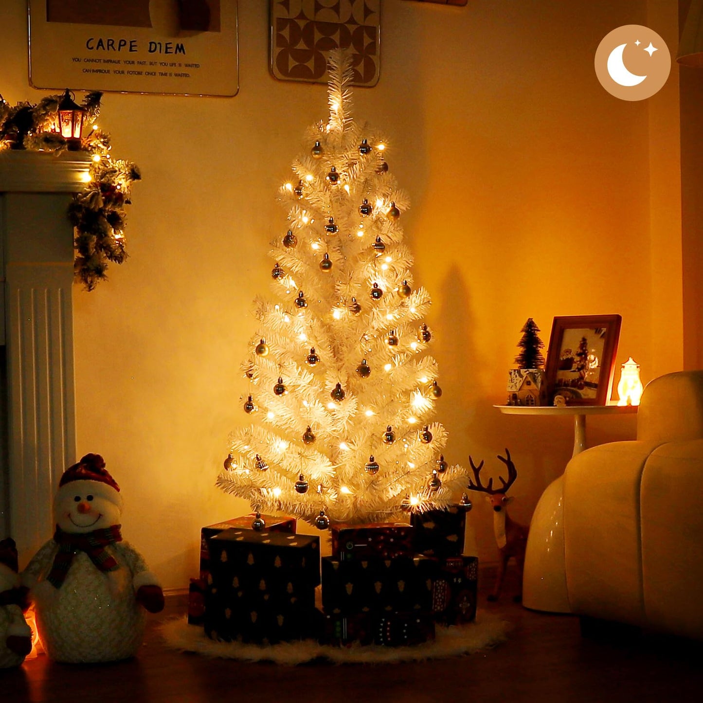 Decoway Pre-Lit Artificial Christmas Tree, 4ft Slim White Tinsel Christmas Tree with Warm White LEDs, Battery Operated - Includes Stand, Fire Retardant PVC for Small Spaces, Home Indoor Decoration