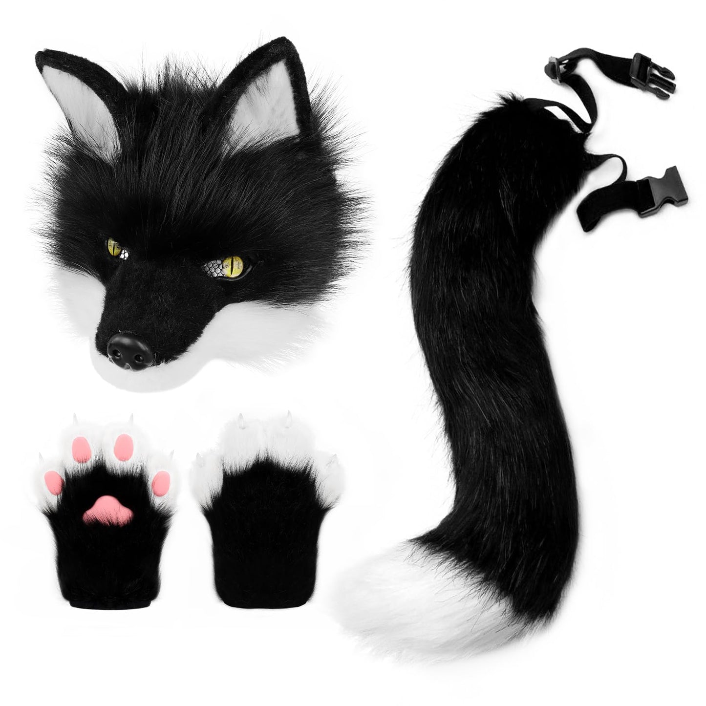 HAOAN Plush Faux Fur Therian Dog Wolf Mask Paw Gloves Fox Tail Set Halloween Cosplay Costume Accessories