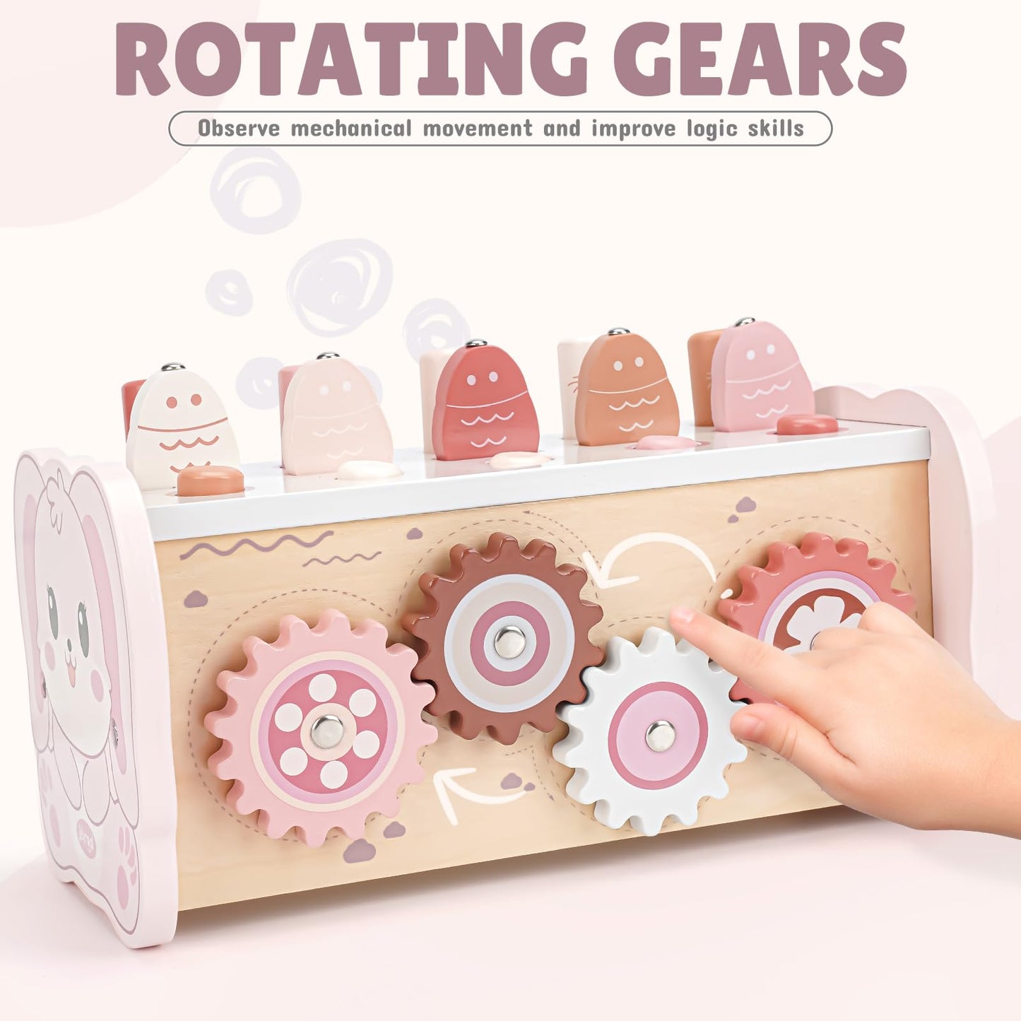 Joyreal Montessori Toys for 1 Year Old Girl Gift - Pink Wooden Hammering Pounding Toy with Xylophone & Fishing Game - Toddler Learning Activities for Kids 1+ 2 3 Year Old Christmas Birthday Gifts
